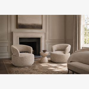 Modern Round Swivel Barrel Chair - Textured Woven Accent Chair with Cut-Out Back in Taupe