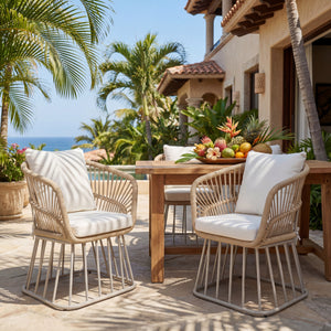Outdoor Dining Chair MP1 - Teak Finish Wicker & Beige Steel Frame, 300LBS Weight Capacity, Includes Cushion
