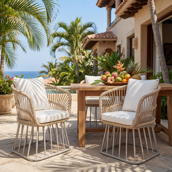 Outdoor Dining Chair MP1 - Teak Finish Wicker & Beige Steel Frame, 300LBS Weight Capacity, Includes Cushion