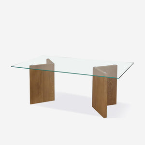 Modern Rectangular Glass Dining Table with Solid Wood V-Shaped Base
