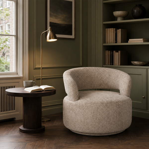 Modern Round Swivel Barrel Chair - Textured Woven Accent Chair with Cut-Out Back in Taupe