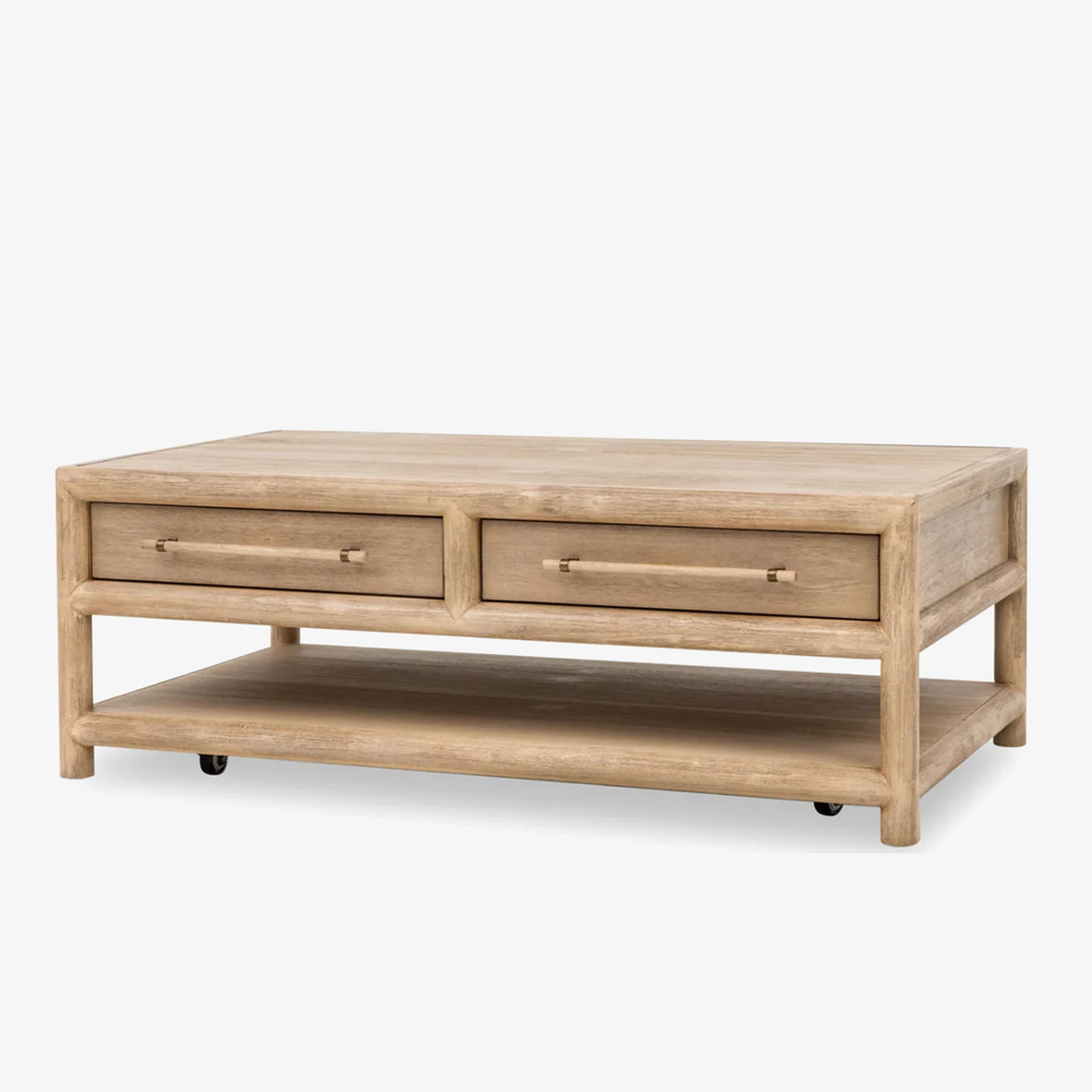 Modern Rustic Solid Wood Coffee Table with 2 Drawers and Open Shelf