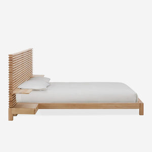 Modern Scandinavian Solid Wood Bed Frame | Slat Wall Bed with Floating Bedside Tables