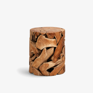 Handcrafted Teak Slice Round End Table - Solid Wood Drum Side Table in Warm Natural Finish