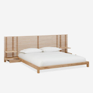 Modern Scandinavian Solid Wood Bed Frame | Slat Wall Bed with Floating Bedside Tables