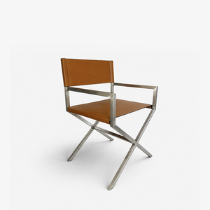 Modern Coastal Director's Dining Arm Chair - Cognac Synthetic Leather & Brushed Stainless Steel Frame