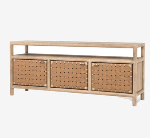 Modern Coastal Solid Wood Media Console with Woven Leather Doors