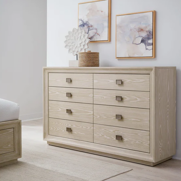 Modern Light Oak 8-Drawer Double Dresser | Coastal White Wash Wooden Storage Chest for Bedroom