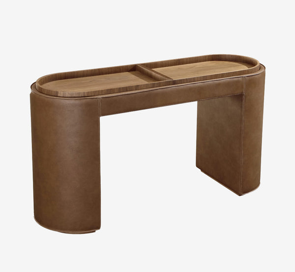 Modern Leather-Wrapped Console Table with Recessed Walnut Wood Tray Top