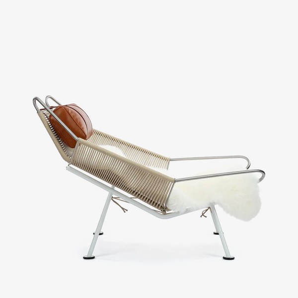 White Coated Steel Frame Rope Deck Chair - Comfortable Lazy Lounge Chair with Faux Fur Cushion - Minimalist Salon Settee with Tan Leather Pillow