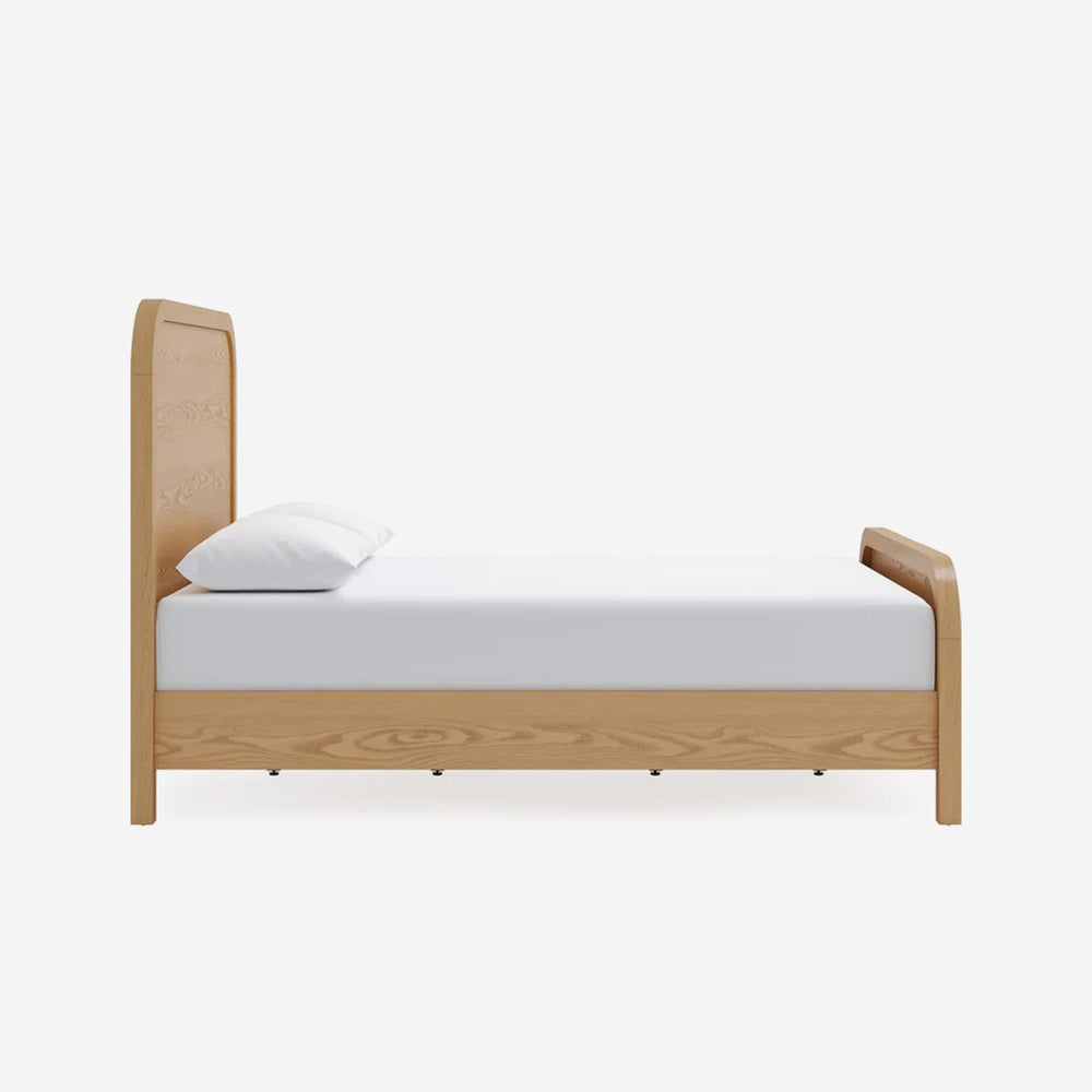 Scandinavian Wood Bed  - Minimalist Platform Bed with Curved Headboard & Footboard - Modern Japandi Style Bedroom Furniture