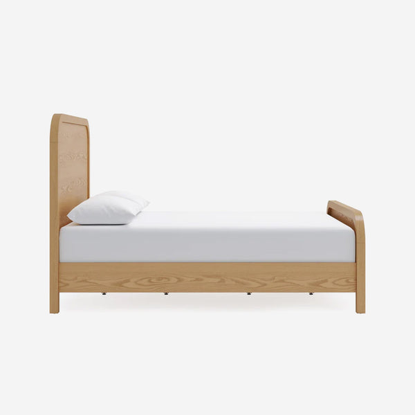 Scandinavian Wood Bed  - Minimalist Platform Bed with Curved Headboard & Footboard - Modern Japandi Style Bedroom Furniture