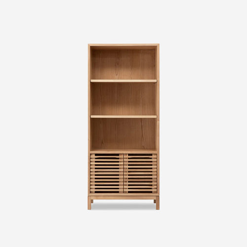 Japandi Style Double-Door Bookcase – Minimalist Wood Display Cabinet for Modern Home Office