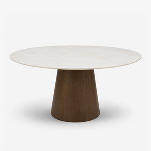 Modern Luxury Round White Marble Dining Table with Solid Wood Pedestal Base