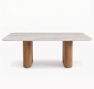 Modern Organic Marble & Slatted Wood Dining Table