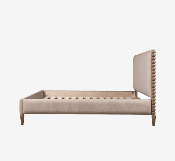 Mid-Century Modern Oatmeal Upholstered Platform Bed with Bobbin Wood Detail