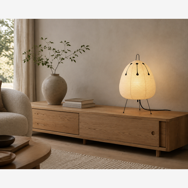 Japandi Rice Paper Lantern Table Lamp with Metal Tripod Base