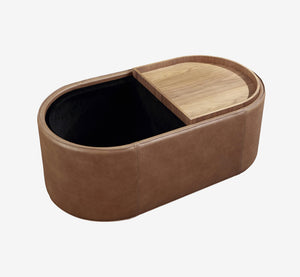 Modern Oval Leather Storage Ottoman Coffee Table with Removable Walnut Trays