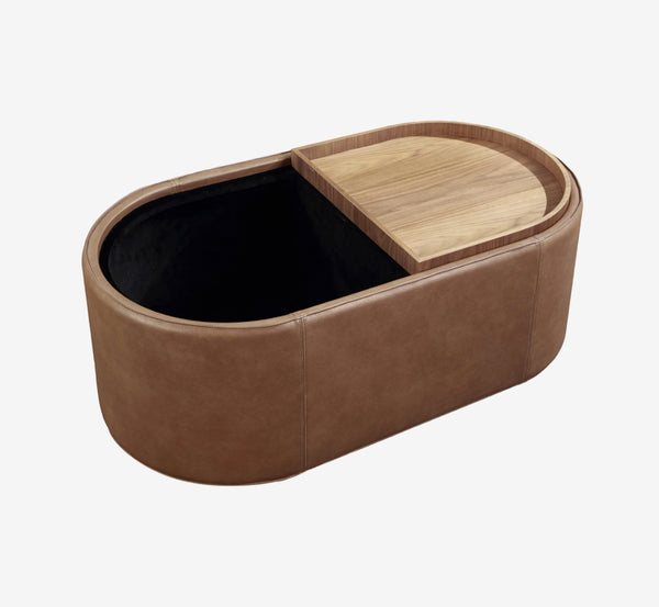 Modern Oval Leather Storage Ottoman Coffee Table with Removable Walnut Trays