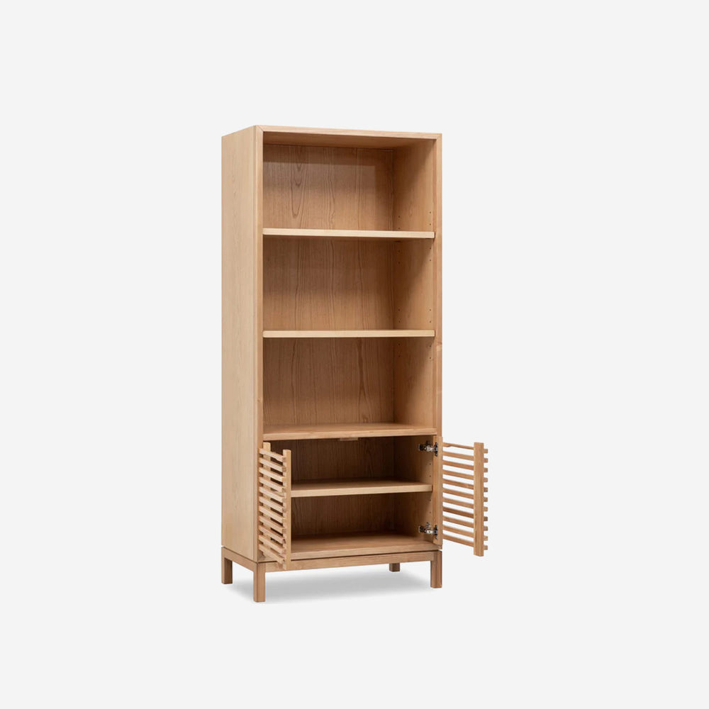 Japandi Style Double-Door Bookcase – Minimalist Wood Display Cabinet for Modern Home Office