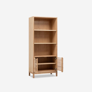 Japandi Style Double-Door Bookcase – Minimalist Wood Display Cabinet for Modern Home Office