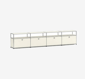Modern Modular Lowboard TV Stand – 4-Bay Chrome Frame Media Console – Industrial Metal Sideboard with Drop-Down Doors
