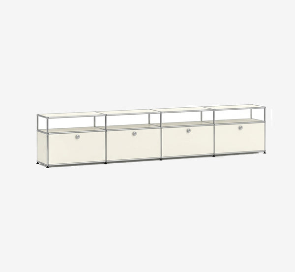 Modern Modular Lowboard TV Stand – 4-Bay Chrome Frame Media Console – Industrial Metal Sideboard with Drop-Down Doors