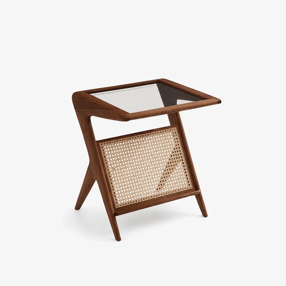 Mid-Century Modern Cane Side Table with Glass Top – Solid Wood End Table with Rattan Magazine Rack