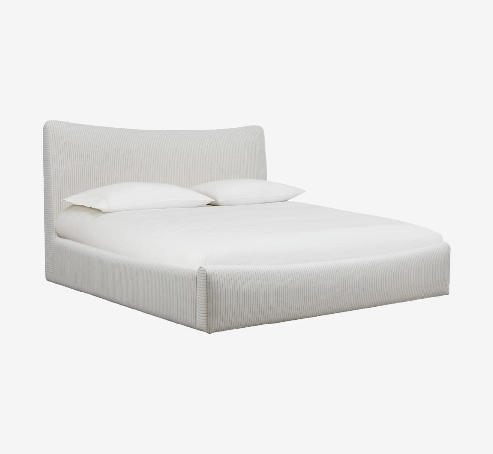 Modern Pinstripe Upholstered Platform Bed with Curved Wingback Headboard