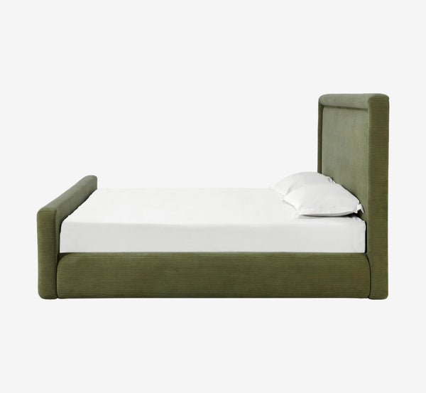 Olive Green Ribbed Corduroy Upholstered Platform Bed with Padded Footboard