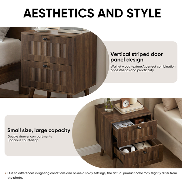 Medieval-style modern double-drawer bedside table with solid wood legs, bedroom bedside table, bedroom side table, 15.75 x 15.75 x 22.64 inches, walnut color, 2-pack