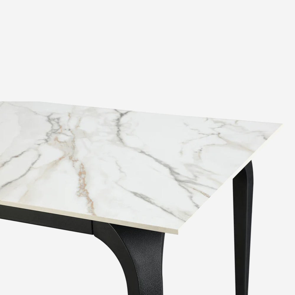 Rectangular Sintered Stone Dining Table with Calacatta White Marble Top and Black Legs