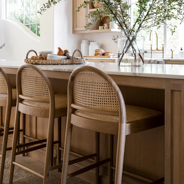 Modern Oak Wood Rattan Bar Stool with Upholstered Seat – Scandinavian Counter Height Stool