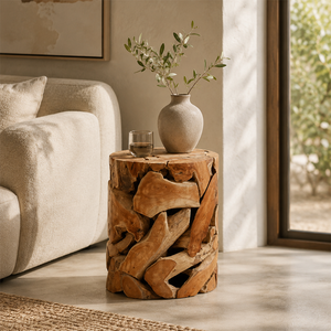 Handcrafted Teak Slice Round End Table - Solid Wood Drum Side Table in Warm Natural Finish
