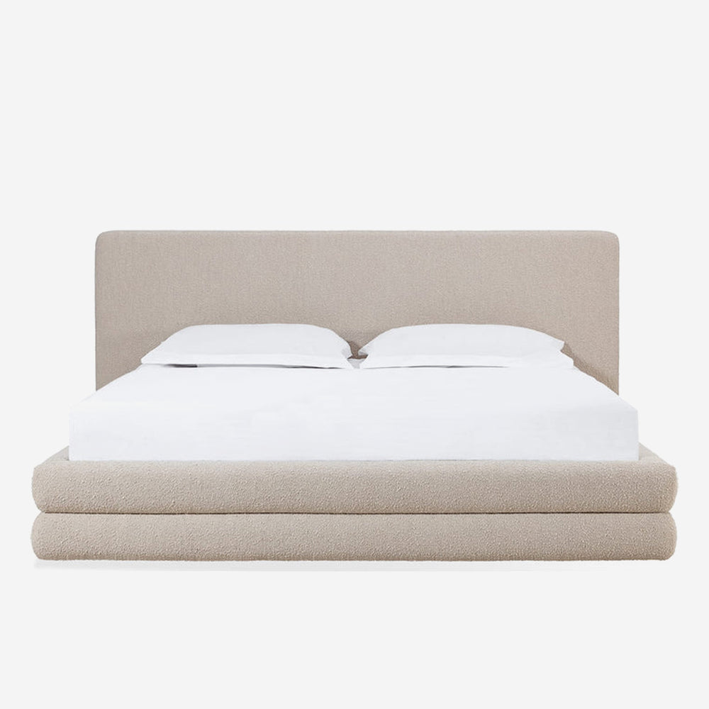 Modern Oatmeal Bouclé Upholstered Platform Bed | Tiered Base Bed Frame
