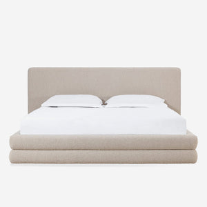 Modern Oatmeal Bouclé Upholstered Platform Bed | Tiered Base Bed Frame