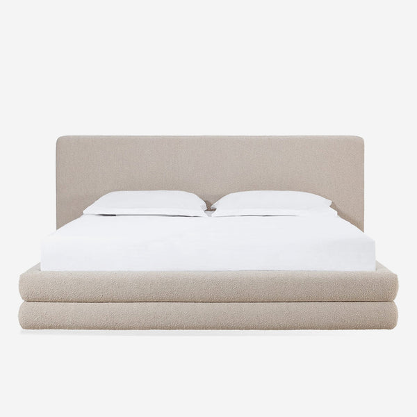 Modern Oatmeal Bouclé Upholstered Platform Bed | Tiered Base Bed Frame