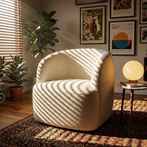 Modern Curved Boucle Accent Chair - Cream White Upholstered Armchair