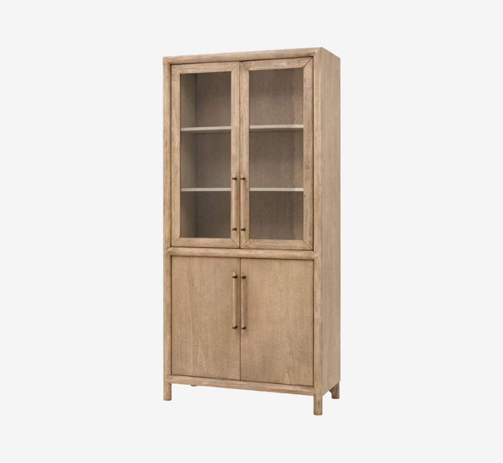 Modern Rustic Tall Dining Hutch | 4-Door Acacia Wood Storage Cabinet