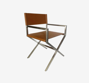 Modern Coastal Director's Dining Arm Chair - Cognac Synthetic Leather & Brushed Stainless Steel Frame