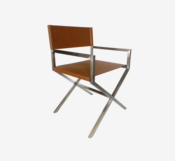 Modern Coastal Director's Dining Arm Chair - Cognac Synthetic Leather & Brushed Stainless Steel Frame