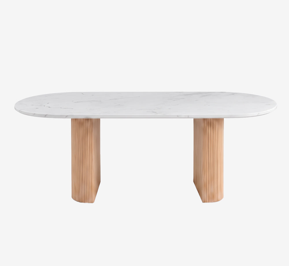 Modern Oval Marble Dining Table with Fluted Wood Pedestal Base