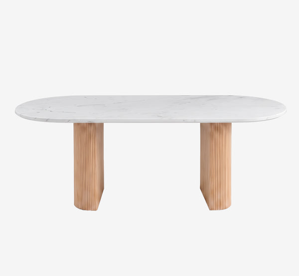 Modern Oval Marble Dining Table with Fluted Wood Pedestal Base