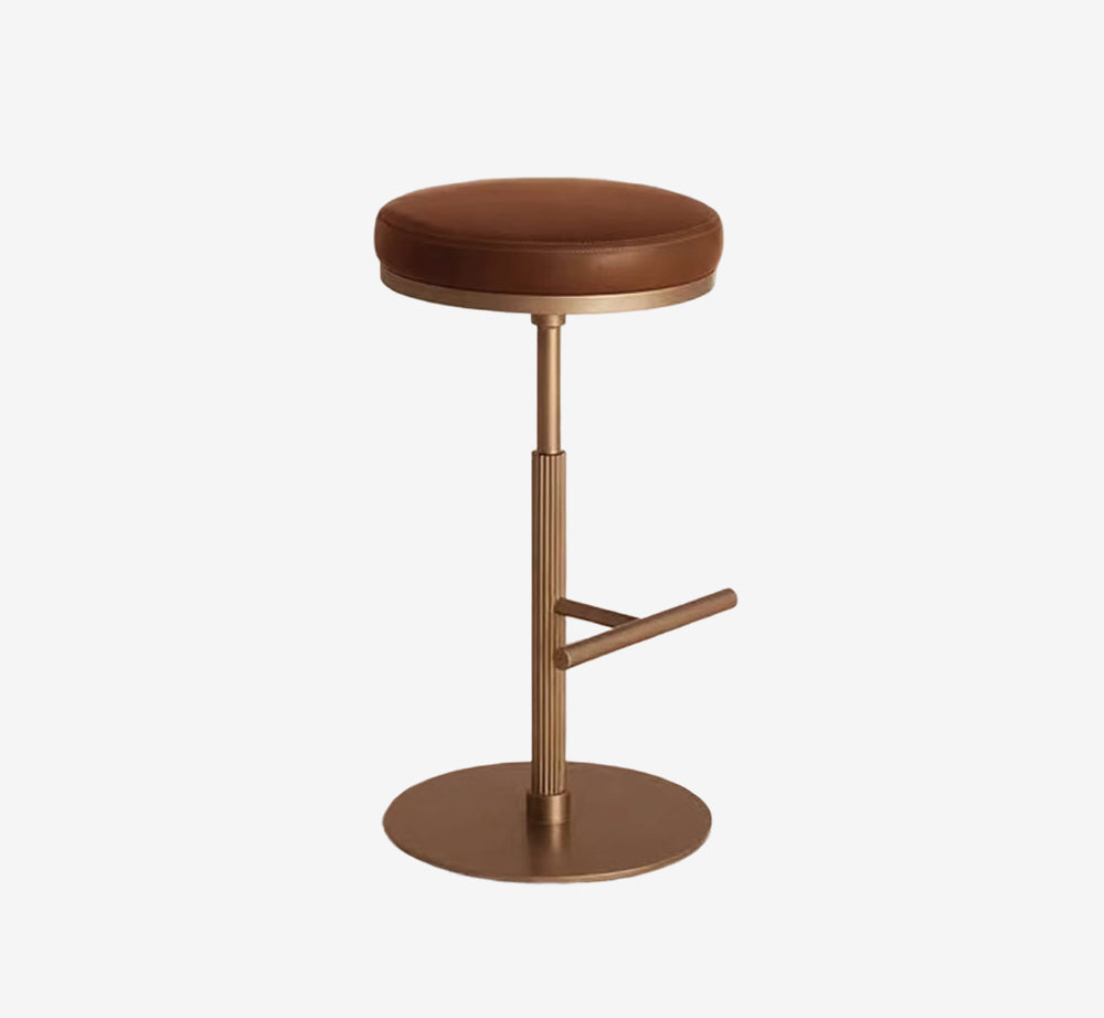 Modern Luxury Bar Stool with Brown Leather Seat & Fluted Brass Base - Industrial Swivel Counter Stool - Vintage Padded High Chair for Kitchen Island & Home Bar