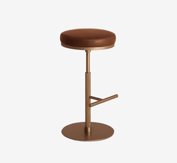 Modern Luxury Bar Stool with Brown Leather Seat & Fluted Brass Base - Industrial Swivel Counter Stool - Vintage Padded High Chair for Kitchen Island & Home Bar