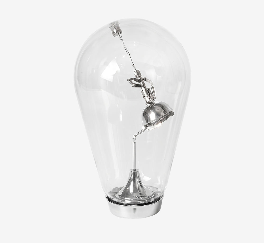 Industrial Mechanical Robot Arm Table Lamp – Oversized Glass Bulb Desk Light in Polished Chrome