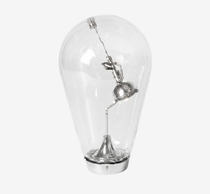 Industrial Mechanical Robot Arm Table Lamp – Oversized Glass Bulb Desk Light in Polished Chrome