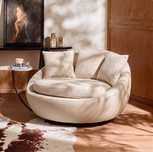 Modern Round Swivel Cuddler Chair with Integrated Tray Table - Oversized Cream Bouclé Lounge Armchair - 360-Degree Rotating Deep Seat Accent Chair for Living Room & Bedroom