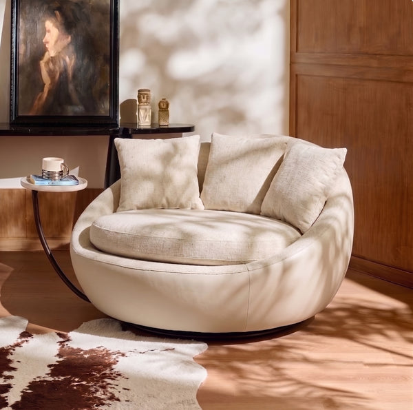Modern Round Swivel Cuddler Chair with Integrated Tray Table - Oversized Cream Bouclé Lounge Armchair - 360-Degree Rotating Deep Seat Accent Chair for Living Room & Bedroom