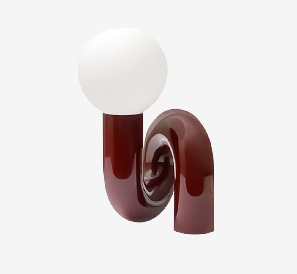 Modern Sculptural Snake Table Lamp – Glossy Burgundy Serpentine Base with Opal Glass Globe – Quirky Postmodern Accent Light